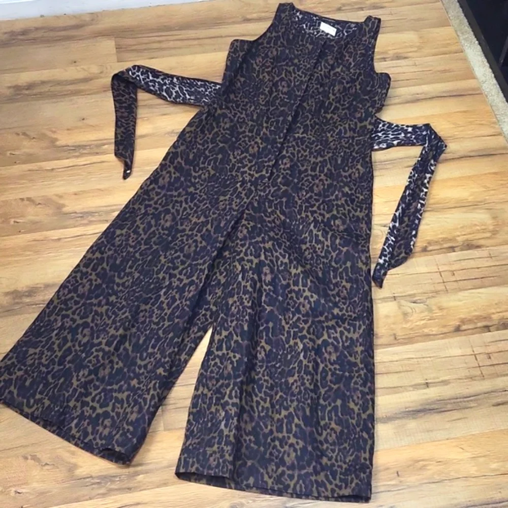 Banana Republic Black Brown Linen Blend Leopard Print Pocket Tie Waist Jumpsuit